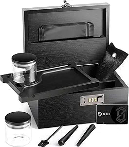 OZCHIN Large Bamboo Box with Combination Lock Decorative box for Home Great Gift Choice Storage Lockbox with Storage Jar, Gifts for Men Women (Black, 10 x 6.9 x 5 inches)