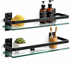 Bathroom Glass Shelf 15.7" Black Wall-Mounted, Floating Metal Storage Rack