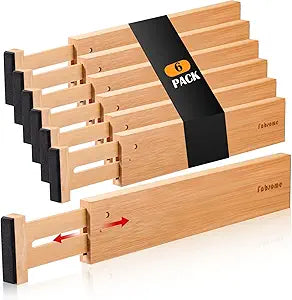 Fabsome Drawer Divider 6 Pack, Bamboo Dresser Organizers for Clothes Socks Underwear Baby Clothing, Wooden Separators for Nursery Organization Adjustable from 12.5'' to 17'' with Soft Foam Ends