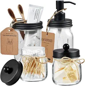 Amolliar Mason Jar Bathroom Accessories Set, 4Pcs Glass Bathroom Set, Black