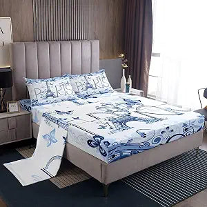 Manfei Paris Sheet Set Full Size, Modern Eiffel Tower Bedding Set, Blue Flower Butterfly Print Bed Sheet Set 4pcs with Deep Pocket Fitted, Flat and 2 Pillowcasess, Kids Girls Women Room Decor