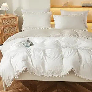 Bedbay Boho Duvet Cover Queen Size White Pom Pom Fringe Boys Girls Room Decor Aesthetic Ultra Soft Microfiber Queen Preppy Bedding White and Beige Reversible Quilt Cover(White&Beige,Queen)