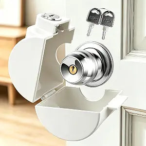 Keyed Child Safety Door Knob Lock,Upgrade ABS Childproof Doorknob Cover,Universal Fit for Standard Round Door Knob, Tool-Free Easy Installation for Home Bedroom Bathroom Kitchen,1 Pack White