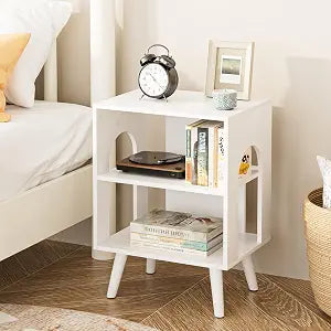Masupu Night Stand, 3-Tier Modern Nightstand with Open Storage, Wooden Bed Side End Table for Small Space, Living Room, Bedroom, Nursery, White