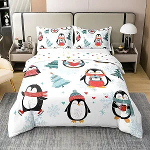 Castle Fairy Full Size Duvet Cover Cartoon Penguin 100% Pure Cotton Comforter Cover Christmas Tree Bedding Set with 2 Pillowcases for Teens Adults Winter Snowflake Happy Xmas Theme Quilt Cover