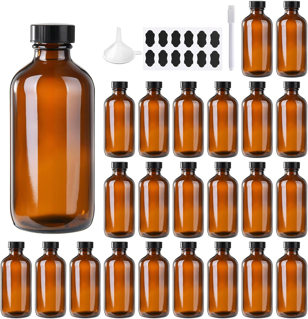 24 Pack 4 oz Amber Boston Glass Bottle with Black Poly Cap, Funnel, Chalk Labels, Pen for Homemade Vanilla Extract, Essential Oils, Wedding, Christmas, Holiday Gift