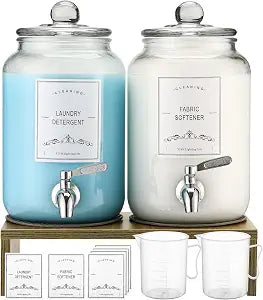 2-Pack Glass Laundry Detergent Dispenser with Stand, 106oz Leak-Proof Glass Fabric Softener Dispenser- Laundry Soap Dispenser-Reusable Container for Kitchen & Bathroom Storage