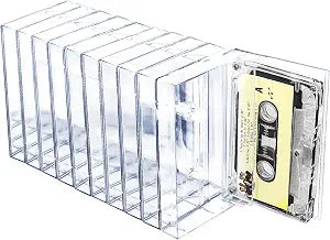 Snado 10-Pack Cassette Tape Storage Cases & Holder - Clear Plastic Audio Cassette Organizer with Anti-Scratch/Dust Protection, Classic Norelco-Style Replacement Boxes (4.28" L x 2.75" W x 0.6" H)