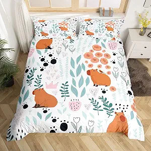 Erosebridal Kawaii Capybara Bedding Set,Cartoon Capybara Duvet Cover Twin,Cute Love Heart Leaf Flower Comforter Cover for Kids Girls Boys,Paw Print Animals Bed Set with 1 Pillow Case