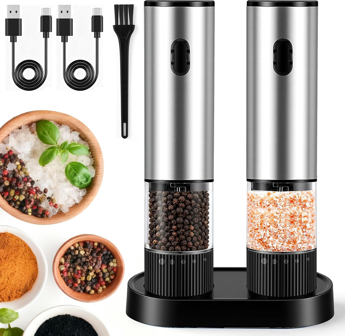 Electric Salt and Pepper Grinder Set Rechargeable,2 Pack Mill&Shakers