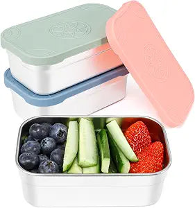 Caperci 3-Pack Large Stainless Steel Snack Containers with Silicone Lids - 15oz Reusable Small Food Storage Deli Containers for Snacks & Meal Prep, Leak-Proof, Easy Open & BPA-Free (440ML)