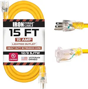 IRON FORGE CABLE 15 Foot Lighted Outdoor Extension Cord - 12/3 SJTW Heavy Duty Yellow Extension Cable with 3 Prong Grounded Plug for Safety, 15 AMP - Great for Garden and Major Appliances