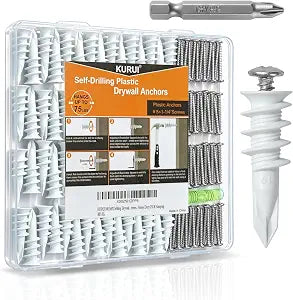 KURUI 140Pcs #8 Self Drilling Drywall Anchors and Screws Kit, No Drill Hole