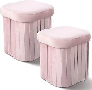 Qinyoung 2 Pcs Storage Ottoman Flower Shaped Foot Stools Foldable Velvet Storage Box Footrest Small Ottoman Seat with Folding Vanity Stool for Dorm Home 12. 6 x 12. 6 x 12. 6 Inch(Pink)