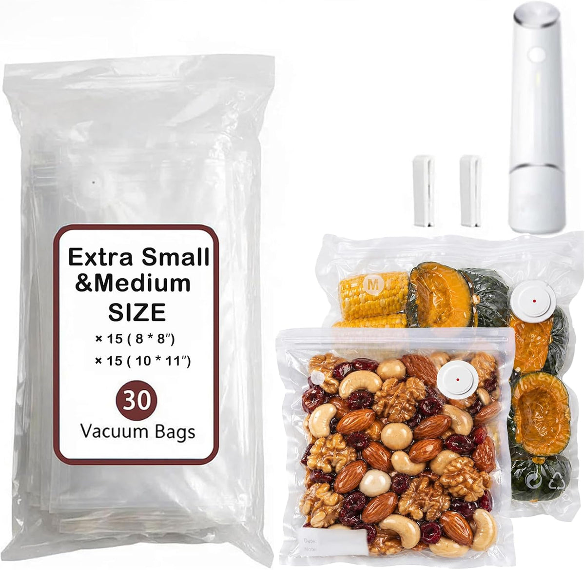 30-Pack Vacuum Sealer Bags Compatible with Chef Preserve - BPA-Free, 15 Medium (10x11 in) + 15 Extra Small (8x8 in), Reusable Leak-Proof Food Storage Bags for Freezer, Microwave & Sous Vide