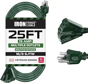 IRON FORGE CABLE 25 Foot Outdoor Extension Cord with 3 Electrical Power Outlets - 16/3 SJTW Durable Green Extension Cable with 3 Prong Grounded Plug for Safety