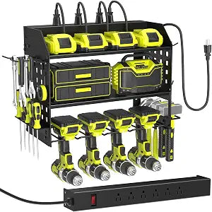 SUNALLY Power Tool Organizer Wall Mount with Charging Station,3 Layer,Black