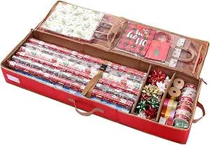 Sattiyrch Gift Wrapping Paper Storage containers,600D Oxford Fabric Christmas Ribbon Gift Bag Bows Storage Box,Holds up to 20 Rolls,42"W x 14"D x 5.5"H (Red)
