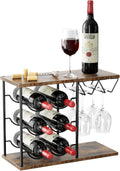 Nuovoware Wine Racks Countertop, Wine Bottle Holder for 6 Bottles & 4 Glasses Holder, Metal Wine Storage Organizer for Kitchen, Bar, Table, Cabinet, Wine Cellar, Wooden