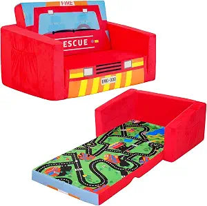 MallBest Kids Sofas Children's Sofa Bed Baby's Upholstered Couch Sleepover Chair Flipout Open Recliner(Red/Fire Truck)