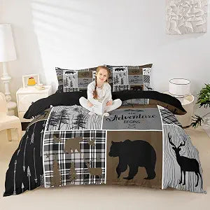 Rustic Patchwork Queen Comforter Cover For Boys, Retro Country Farmhouse Duvet Cover Cabin Room Decor, Western Deer Bear Bedding Set Woodland Wildlife Adventure Camping Quilt Cover, Gray Brown
