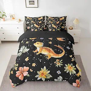 7 Pieces Cute Bearded Dragon Kids Comforter Queen,Cartoon Lizard Reptile Animals Bedding Set,Cactus Botanical Flowers Rustic Retro���Comforter+Fitted+Flat Sheet+2 Pillowcases+2 Throw Pillow Covers���