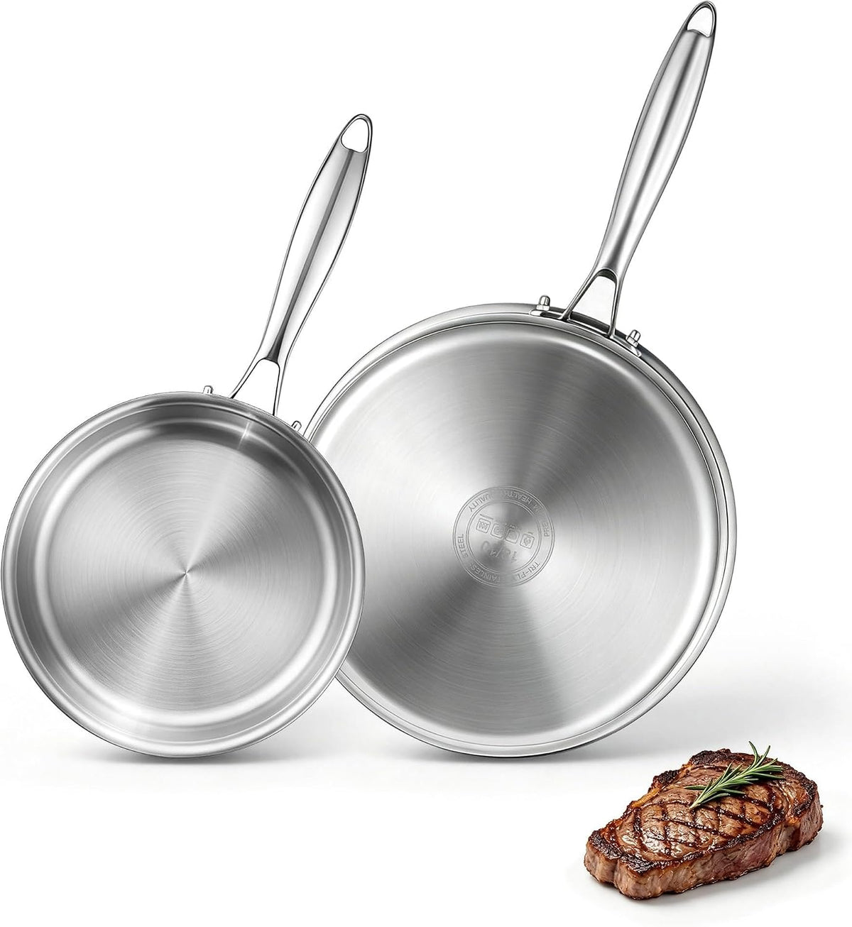 P&P CHEF Stainless Steel Frying Pan, 8+10'' Skillet for Cooking, 2 Pcs