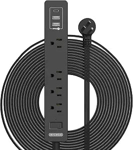 Flat Extension Cord 15 Ft, NTONPOWER Ultra Thin Flat Extension Cord Under Carpet, Rug, Door, Wall Mount Power Strip Flat Plug with 4 Outlets 3 USB(1 USB-C), Overload Protection for Home Office, Black