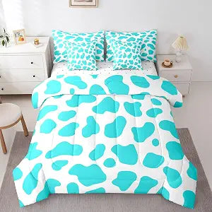 Erosebridal Cow Print 7 Piece Bedding Set Twin Size Sky Blue Kid Cartoon Bed in A Bag Milk Cow Animal Cowhide Comforter with Sheets Cartoon Rustic Farm Animals Bed Sets