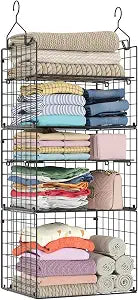 X-cosrack Closet Hanging Organizer Shelves - 5 Tier Wardrobe Organizers and Storage Bin, Hanging Organizer Shelves, Clothes Shelf with Adjustable Dividers for Bedroom Closet Sweater Shoes Handbag