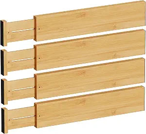 BAMEOS Bamboo Expandable Drawer Dividers  Fits 16.65"22" Drawers, 4" Extra Deep Walls, Set of 4 | Maximum-Height Spring-Loaded Organizer for Deep Kitchen, Bathroom & Dresser Drawers
