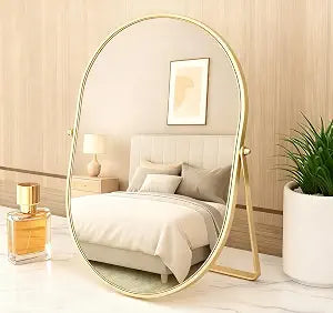 Feyarl Oval Vanity Table Mirror 12x8 Inch Desk Makeup Mirror Decorative Standing Cosmetic Mirror for Bedroom Bathroom Desk Dresser Table Desktop (Gold)