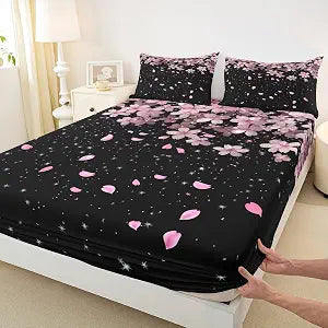 Homewish Cherry Blossom Fitted Sheet Pink Flower Petals Print Bedding Set 2pcs with 1 Pillowcases Japanese Style Fitted Sheet Set for Girls Soft Luxury Bedding All-Round Elastic Pocket,Twin Size