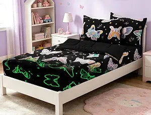 A Nice Night Zippered Comforter Set, Glow in The Dark Kids Comforter Set Flying Butterfly Printed, Starry Bedding Set Twin Size for Boys Girls