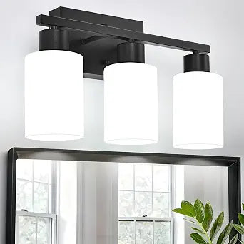 Modern 3-Light Vanity Light Over Mirror, Black Bathroom Light Fixtures, Wall Sconces with Milky White Frosted Glass Shades, E26 Socket (Bulbs Not Included) (Black, 3-Light)