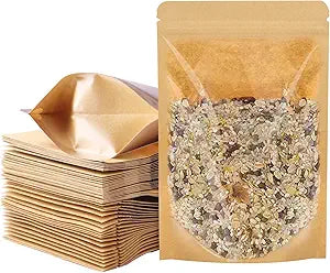 100 PCS Stand Up Pouches, 4 x 6 inch Kraft Paper Food Bags with Clear Window, Reusable Zipper Food Storage Bags Resealable Pouches for Foods, Coffee Beans, Snacks