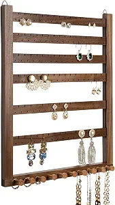 Mymazn Easy Assemble Solid Walnut Wood Earring Wall Holder Hanging Jewelry Organizer Necklace Holder Earring Hanger Wall Mount Jewelry Organizer for Necklaces Rings Scruncies Organization