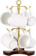 2-Tier Revolving Mug Tree Holder for Countertop - Luxury Gold Metal Coffee Cup Stand with Wood Base - Decorative 6-Hook Mug Rack Organizer for Kitchen, Coffee Bar & Dining Table