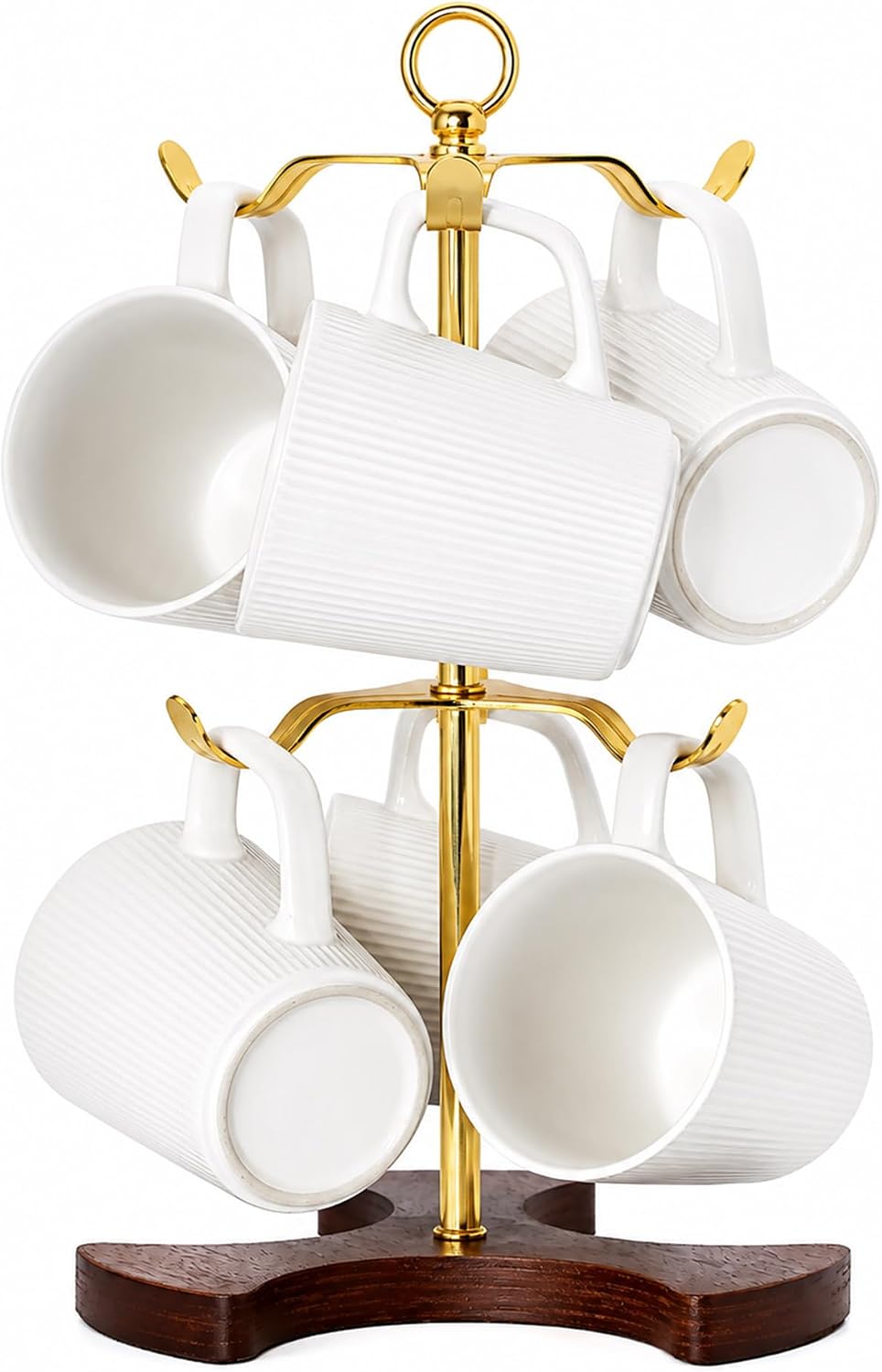 2-Tier Revolving Mug Tree Holder for Countertop - Luxury Gold Metal Coffee Cup Stand with Wood Base - Decorative 6-Hook Mug Rack Organizer for Kitchen, Coffee Bar & Dining Table