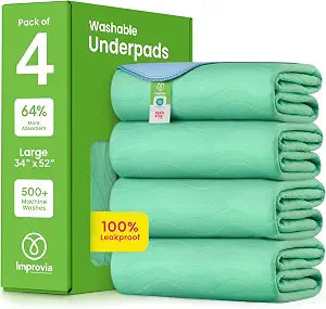 IMPROVIA Washable Underpads, 34" x 52" (Pack of 4) - Heavy Absorbency Reusable Incontinence Pads for Kids, Adults, Elderly, and Pets - Waterproof Protective Pad for Bed, Couch, Sofa, Furniture, Floor
