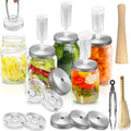 Fermentation Kit for Wide Mouth Mason Jars-4 Stainless Steel Fermentation Lids,4 Glass Fermentation Weights,1 Silicone Tong,1 sauerkraut pound, 1Wooden Handle Brush Cleanerï¼ˆ Jars Not Included ï¼‰