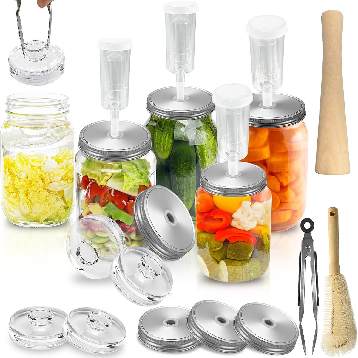 Fermentation Kit for Wide Mouth Mason Jars-4 Stainless Steel Fermentation Lids,4 Glass Fermentation Weights,1 Silicone Tong,1 sauerkraut pound, 1Wooden Handle Brush Cleanerï¼ˆ Jars Not Included ï¼‰