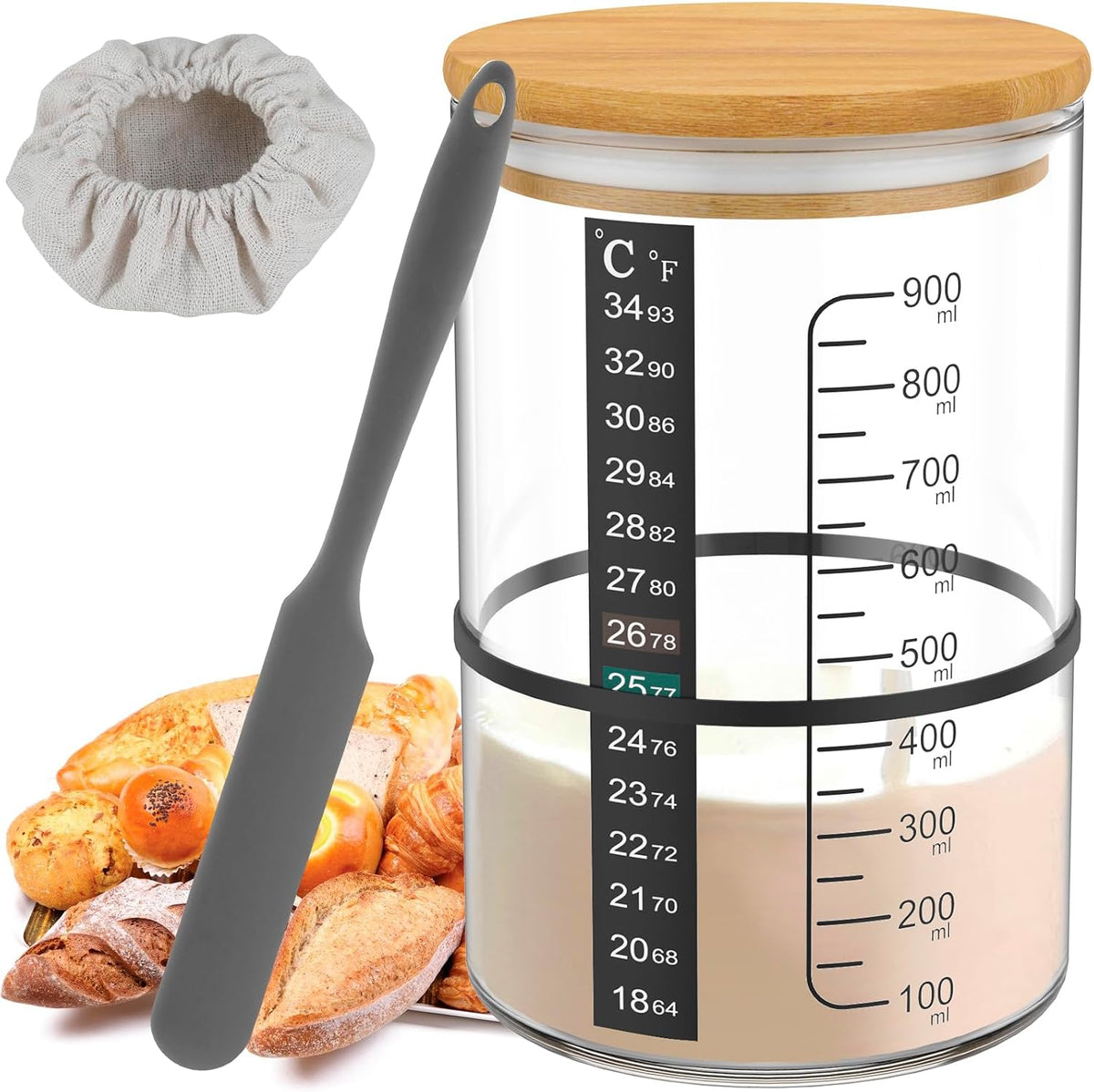 Sourdough Starter Jar Kit, Glass Sourdough Starter Kit -30.4oz BPA Free Dishwasher Safe, Wide Mouth Glass Jar with Thermometer, Date Marked Feeding Band, Wooden Lid Cloth Cover, Bread Baking Supplies