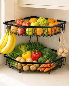 2 Tier Fruit Basket for Kitchen Counter, Corner Organizer, Black