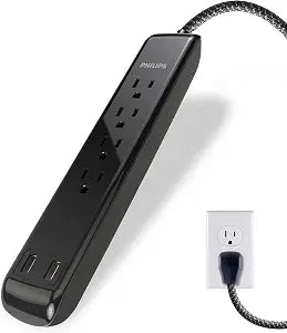 Philips 4 Outlet Power Strip Surge Protector with 2 USB Ports, 4 Ft Power Cord, Designer Braided Extension Cord, Flat Plug Extension Cord, Perfect for Office or Home Decor, 720 Joules, 2.4A USB, SPC62