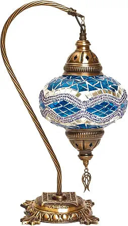Handmade Blue Turkish Mosaic Swan Neck Table Lamp 15"
