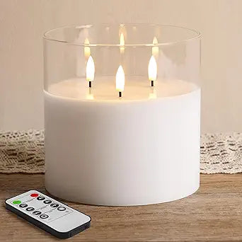 Eywamage Large 3 Wick Clear Glass Flameless Pillar Candle with Remote