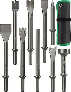 9pcs Air Hammer Chisel Set, 0.401" Pneumatic Hammer Bits with Canvas Pouch