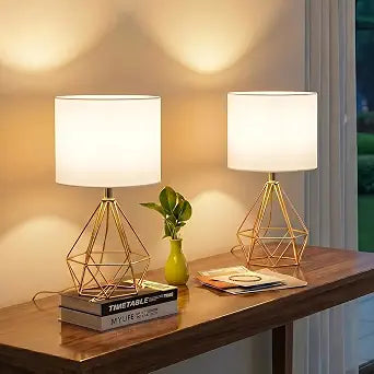 SOTTAE Gold Table Lamps Set of 2, Small Gold End Table Lamp with White Fabric Shade,Bedside Nightstand Lamp with Geometric Metal Design,Modern Desk Lamp for Living Room Bedroom