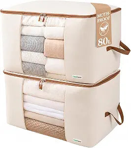 Chaos Cleared Canvas Storage Bags Designer Organizer for Comforters 2 Pack  Seasonal Storage for Pillows, Blankets, Linens & Garments  Foldable Design with Zip & Window, Moth-Proof Space Saver